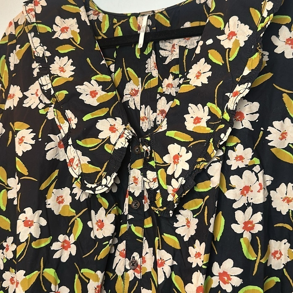 Free People Medium Black Floral Ruffle Collar Mini Dress / Tunic Top - Picture 3 of 3